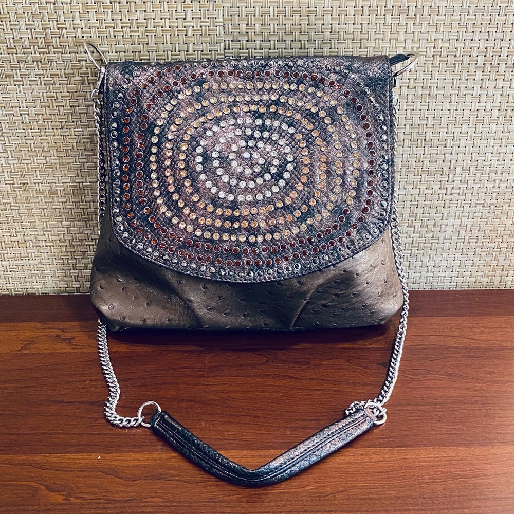 🌟HP🌟EUC Blue Elegance Studded Chrystal Taupe Faux Ostrich Shoulder Bag